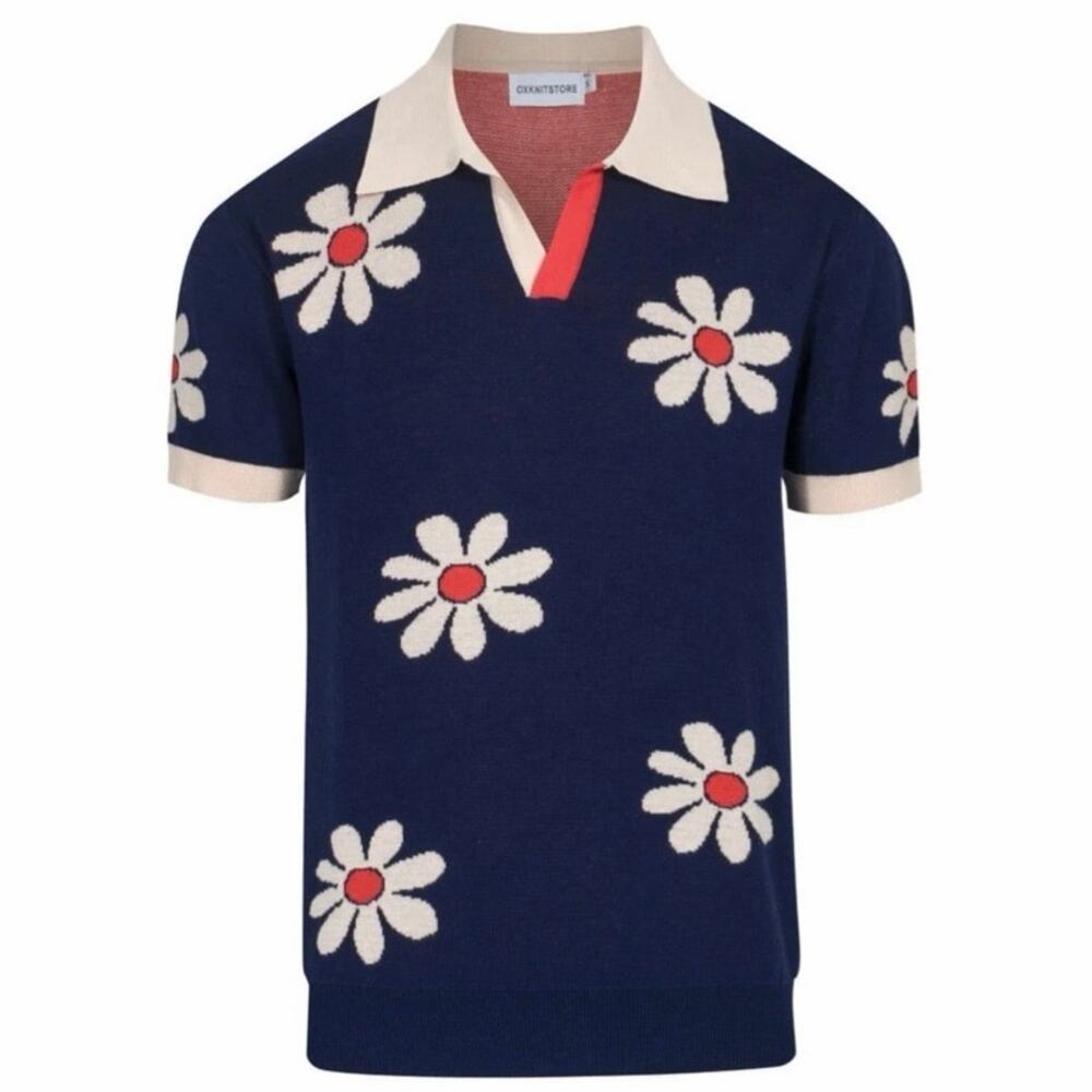 NWOT OXKNIT Men’s Retro 1970s Flower Knit Polo Shirt Navy Daisy Pattern XL